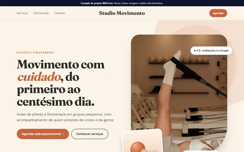 Exemplo de site pronto, de um estúdio de pilates
